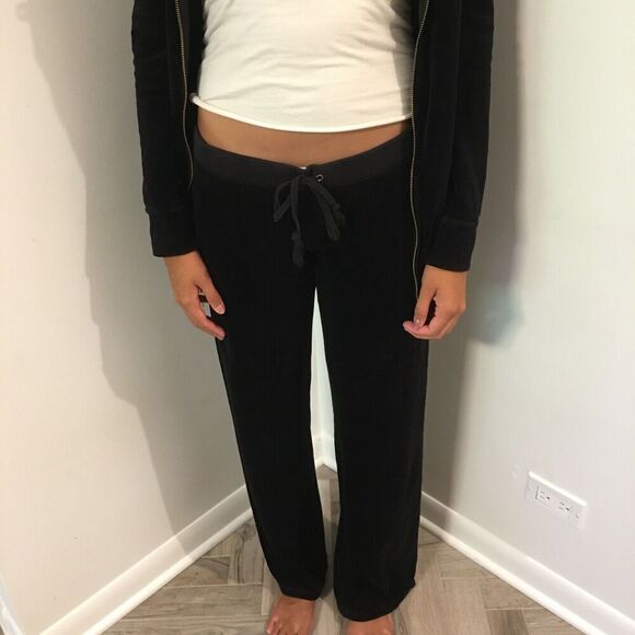 JUICY COUTURE Black Velour Jacket Drawstring Pants Gold Buttons Puff Shoulder M - Picture 4 of 13